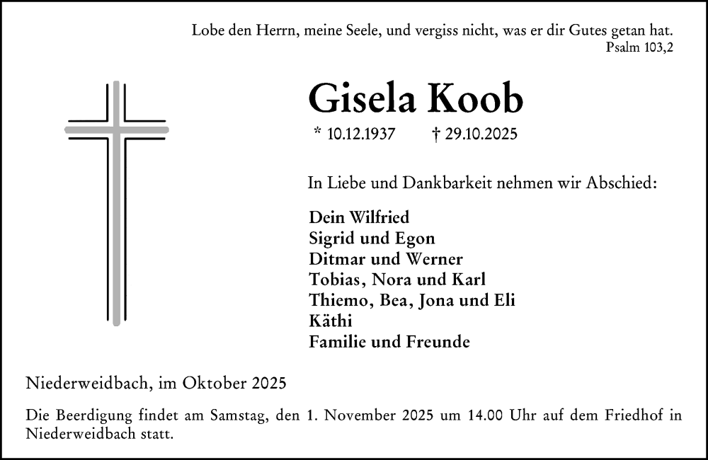  Traueranzeige für Gisela Koob vom 31.10.2025 aus Wetzlarer Neue Zeitung