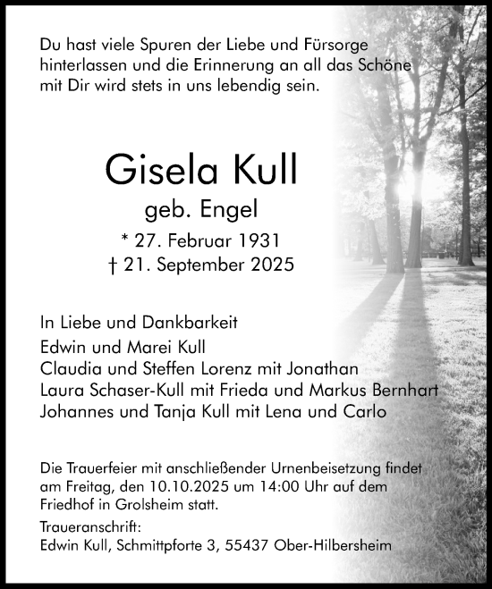 Traueranzeige von Gisela Kull von Allgemeine Zeitung Rheinhessen-Nahe