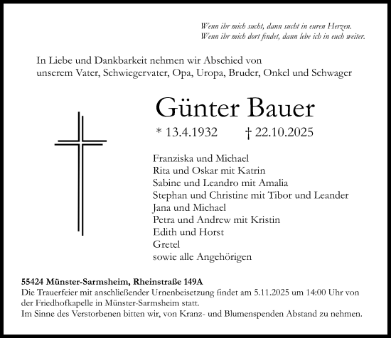 Traueranzeige von Günter Bauer von Allgemeine Zeitung Rheinhessen-Nahe