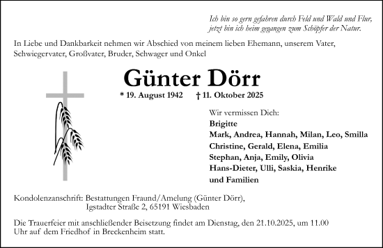 Traueranzeige von Günter Dörr von Wiesbadener Kurier