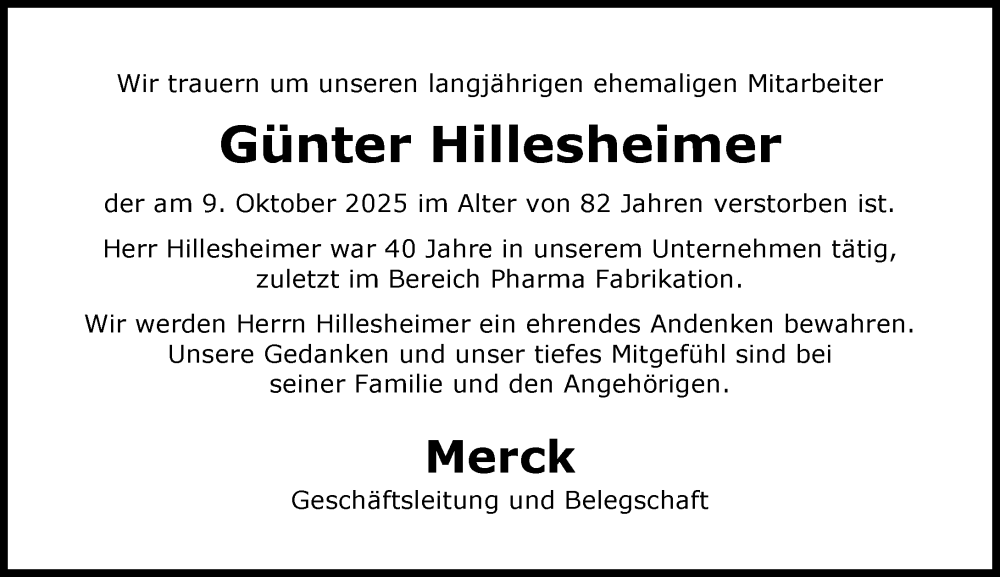  Traueranzeige für Günter Hillesheimer vom 25.10.2025 aus Darmstädter Echo