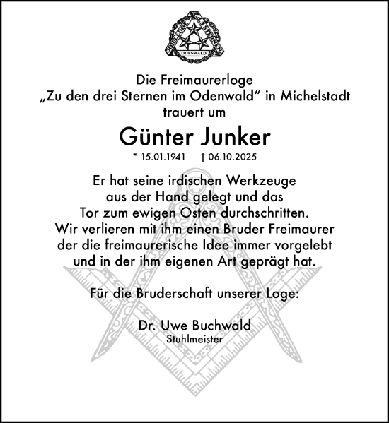 Traueranzeige von Günter Junker von Odenwälder Echo