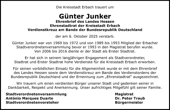 Traueranzeige von Günter Junker von Odenwälder Echo