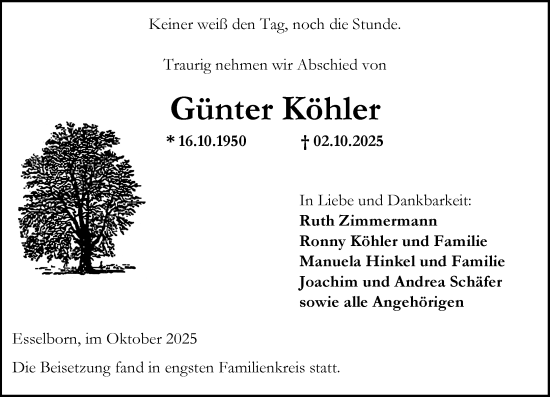 Traueranzeige von Günter Köhler von Allgemeine Zeitung Alzey