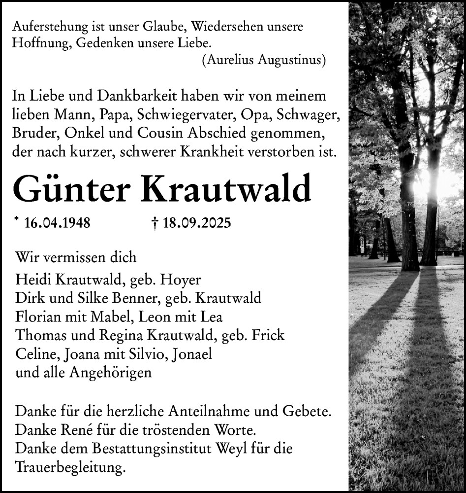  Traueranzeige für Günter Krautwald vom 08.10.2025 aus Dill Block