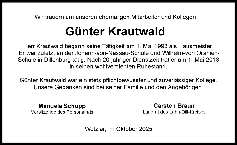  Traueranzeige für Günter Krautwald vom 16.10.2025 aus Dill Block