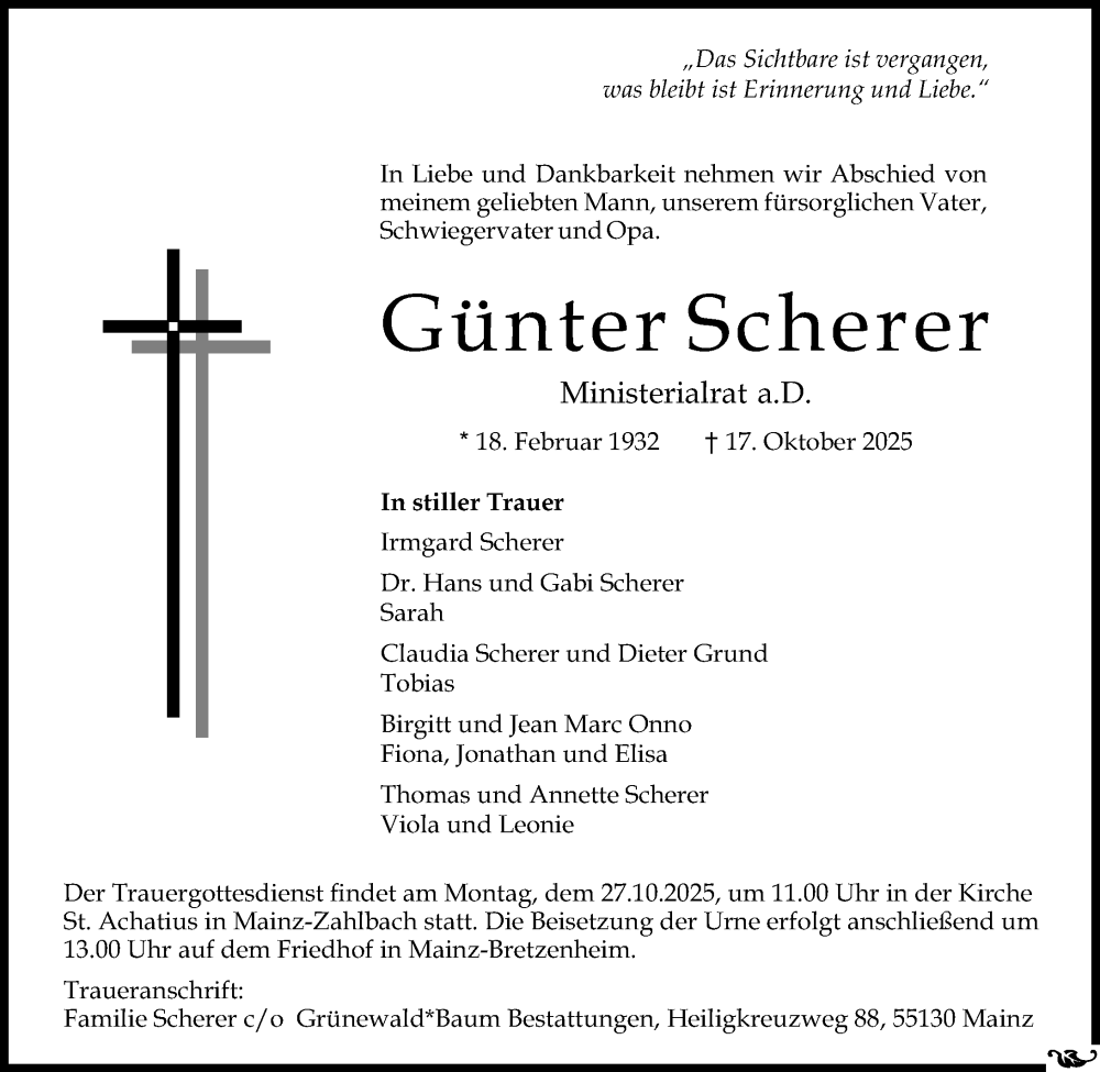  Traueranzeige für Günter Scherer vom 25.10.2025 aus Allgemeine Zeitung Mainz