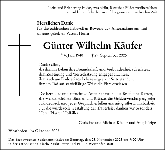 Traueranzeige von Günter Wilhelm Käufer von Allgemeine Zeitung Alzey
