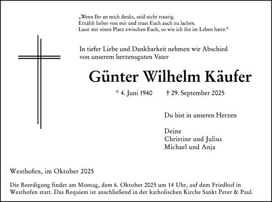Traueranzeige von Günter Wilhelm Käufer von Allgemeine Zeitung Alzey