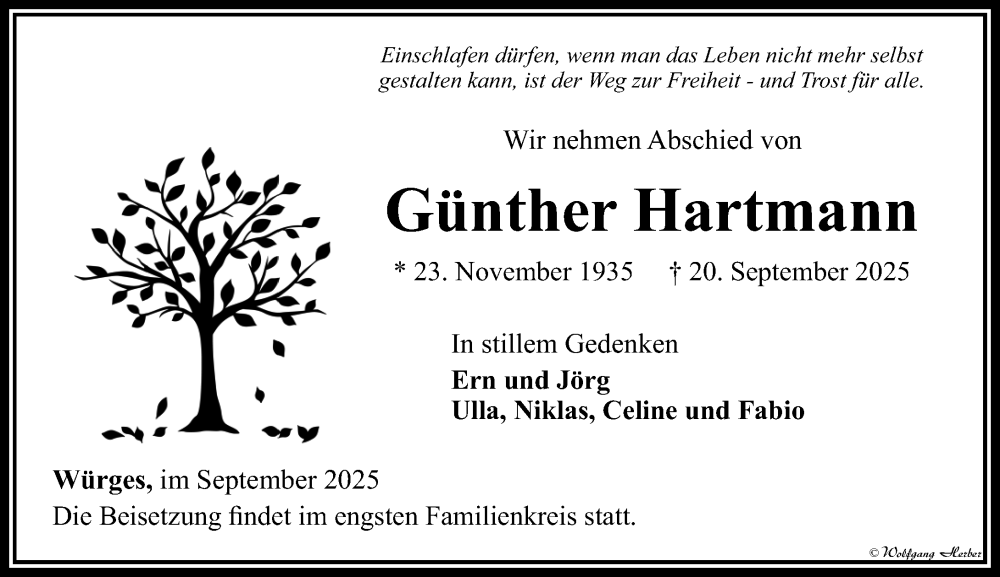  Traueranzeige für Günther Hartmann vom 02.10.2025 aus Camberger Anzeiger