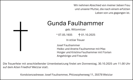 Traueranzeige von Gunda Faulhammer von Wetzlarer Neue Zeitung