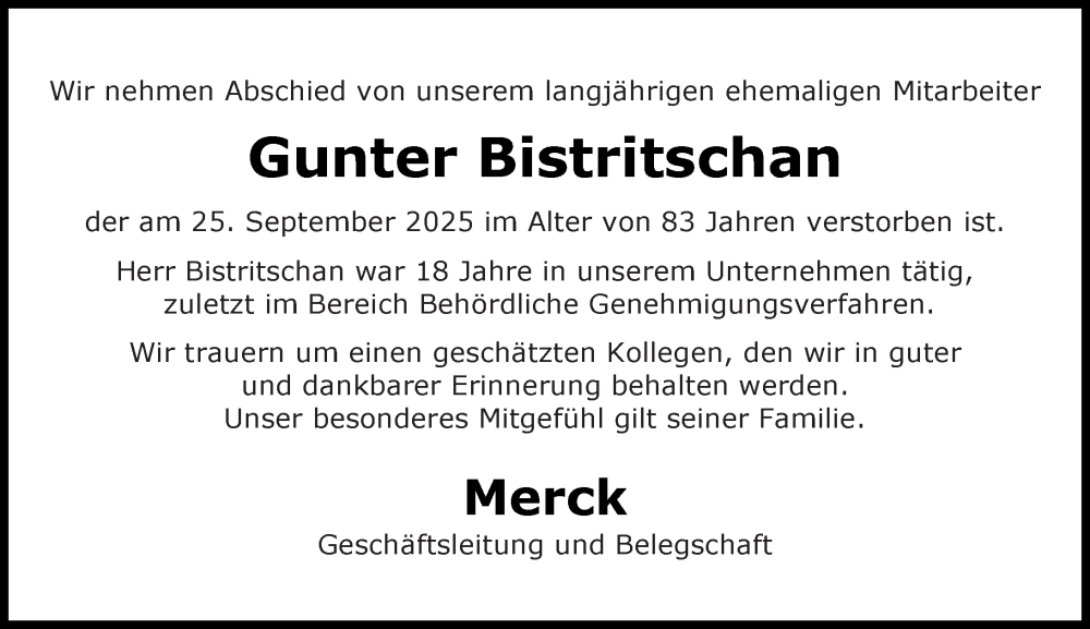  Traueranzeige für Gunter Bistritschan vom 25.10.2025 aus Darmstädter Echo