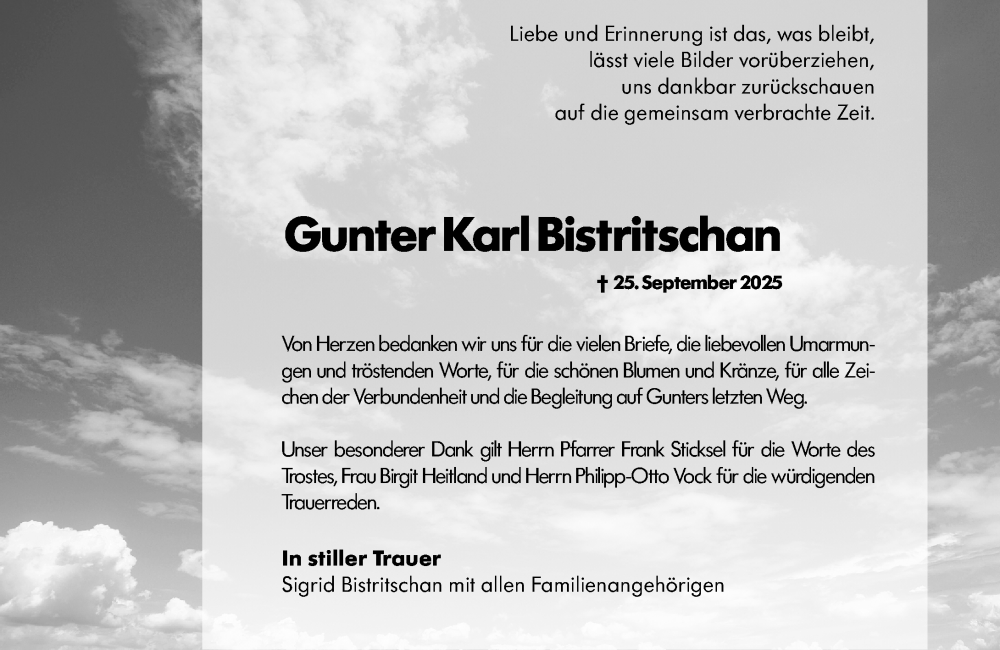  Traueranzeige für Gunter Karl Bistritschan vom 18.10.2025 aus Starkenburger Echo