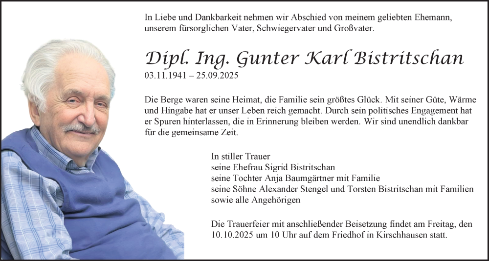  Traueranzeige für Gunter Karl Bistritschan vom 04.10.2025 aus Starkenburger Echo