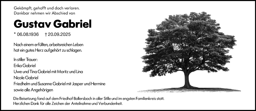  Traueranzeige für Gustav Gabriel vom 14.10.2025 aus Dill Block