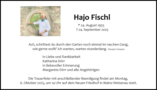 Traueranzeige von Hajo Fischl von Allgemeine Zeitung Mainz