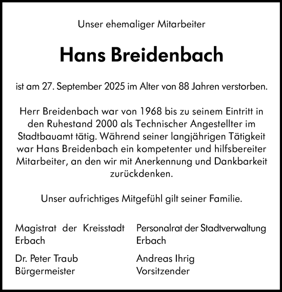 Traueranzeige von Hans Breidenbach von Odenwälder Echo
