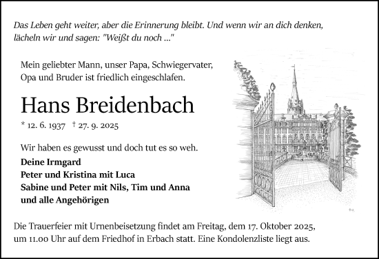 Traueranzeige von Hans Breidenbach von Odenwälder Echo