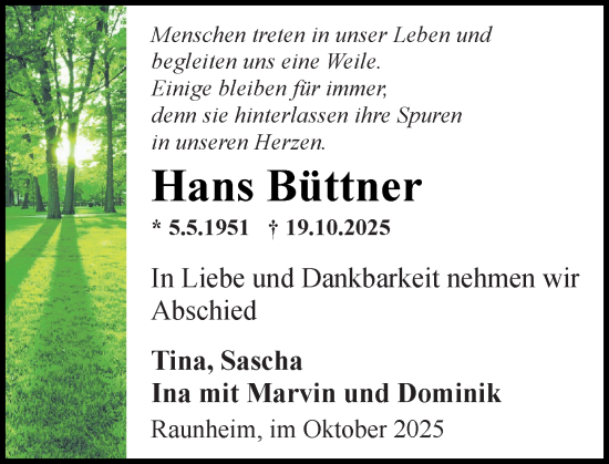 Traueranzeige von Hans Büttner von Rüsselsheimer Echo