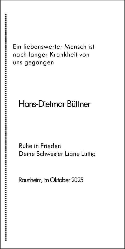  Traueranzeige für Hans-Dietmar Büttner vom 27.10.2025 aus R#sselsheimer Echo