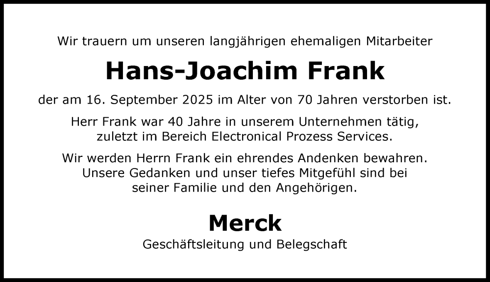  Traueranzeige für Hans-Joachim Frank vom 20.10.2025 aus Darmstädter Echo