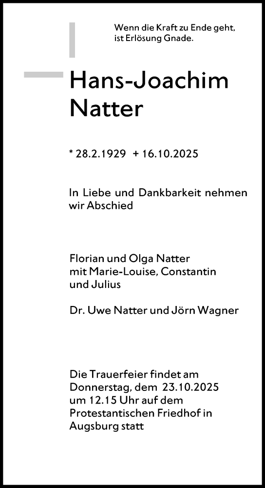  Traueranzeige für Hans-Joachim Natter vom 18.10.2025 aus Wormser Zeitung