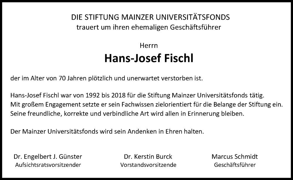  Traueranzeige für Hans-Josef Fischl vom 04.10.2025 aus Allgemeine Zeitung Mainz