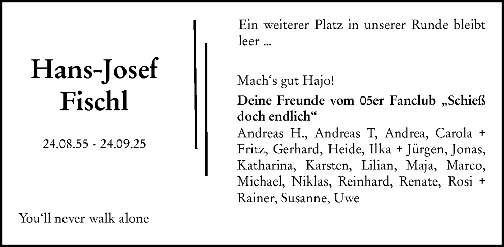  Traueranzeige für Hans-Josef Fischl vom 04.10.2025 aus Allgemeine Zeitung Mainz