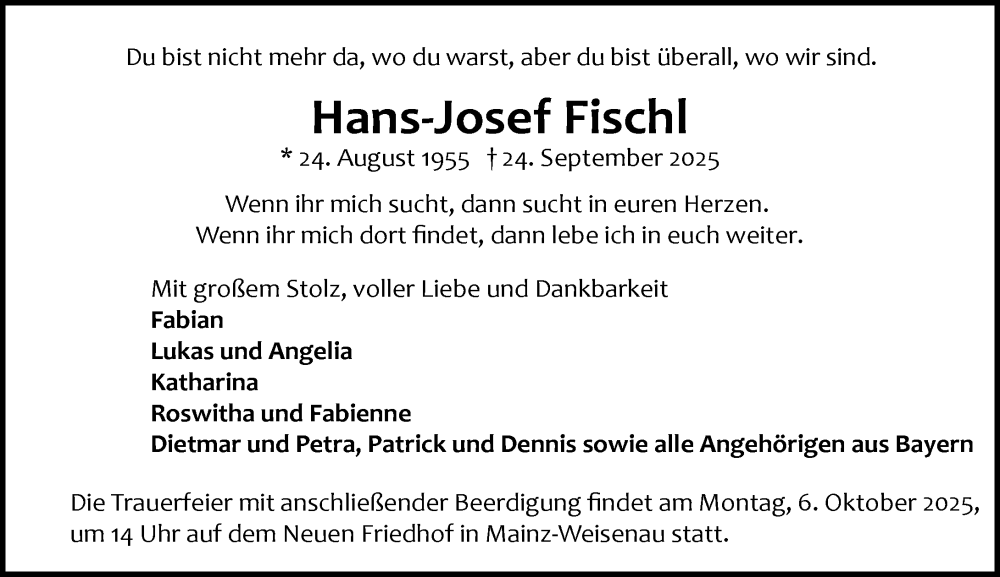  Traueranzeige für Hans-Josef Fischl vom 04.10.2025 aus Allgemeine Zeitung Mainz