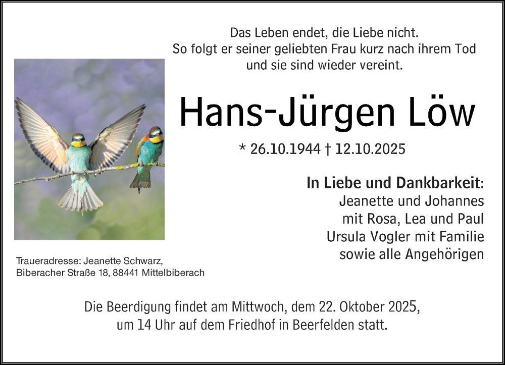  Traueranzeige für Hans-Jürgen Löw vom 18.10.2025 aus Odenwälder Echo