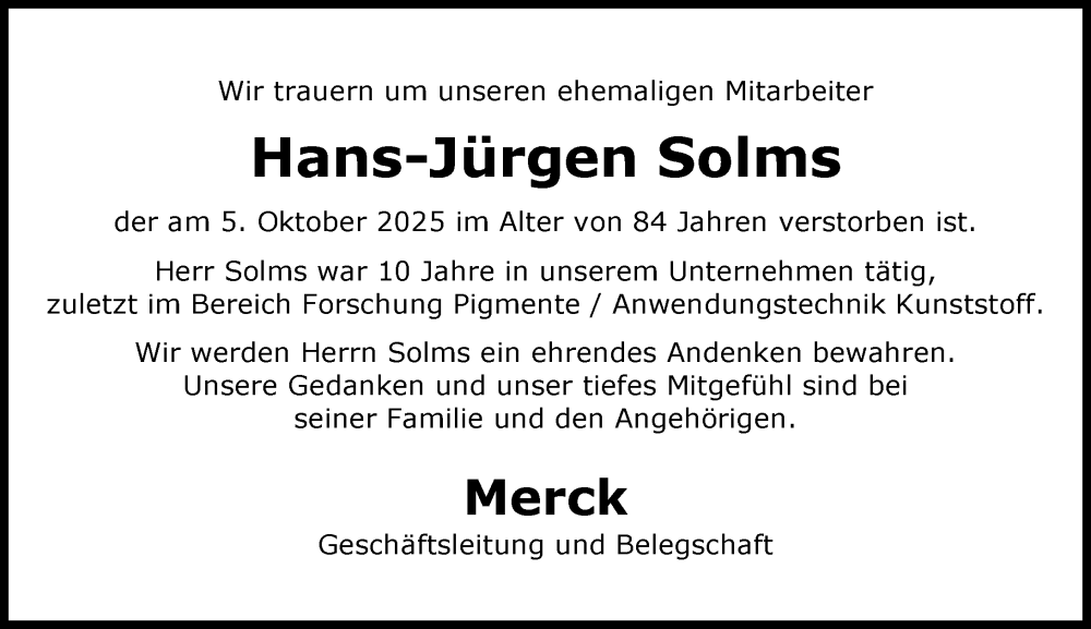 Traueranzeige für Hans-Jürgen Solms vom 18.10.2025 aus Darmstädter Echo