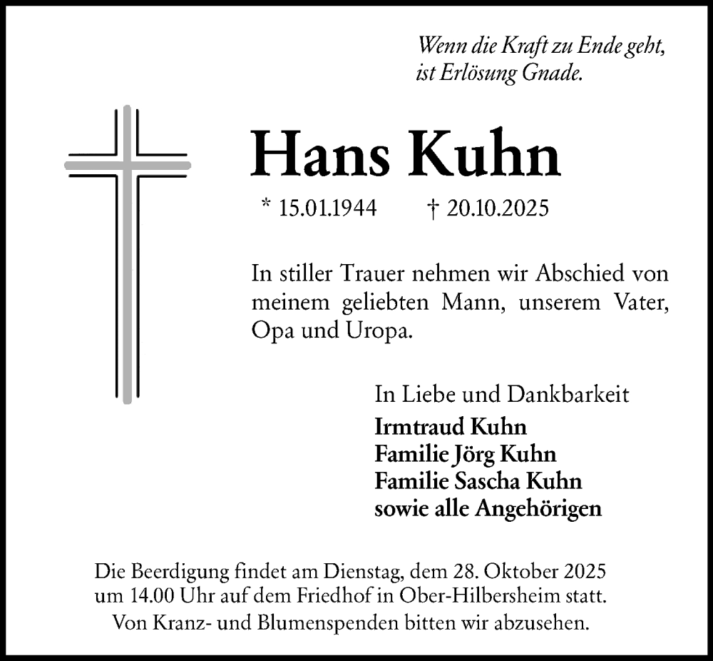  Traueranzeige für Hans Kuhn vom 25.10.2025 aus Allgemeine Zeitung Rheinhessen-Nahe