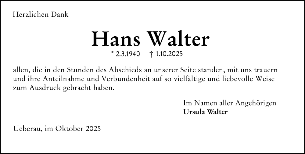  Traueranzeige für Hans Walter vom 01.11.2025 aus Darmstädter Echo
