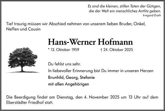Traueranzeige von Hans-Werner Hofmann von Darmstädter Echo