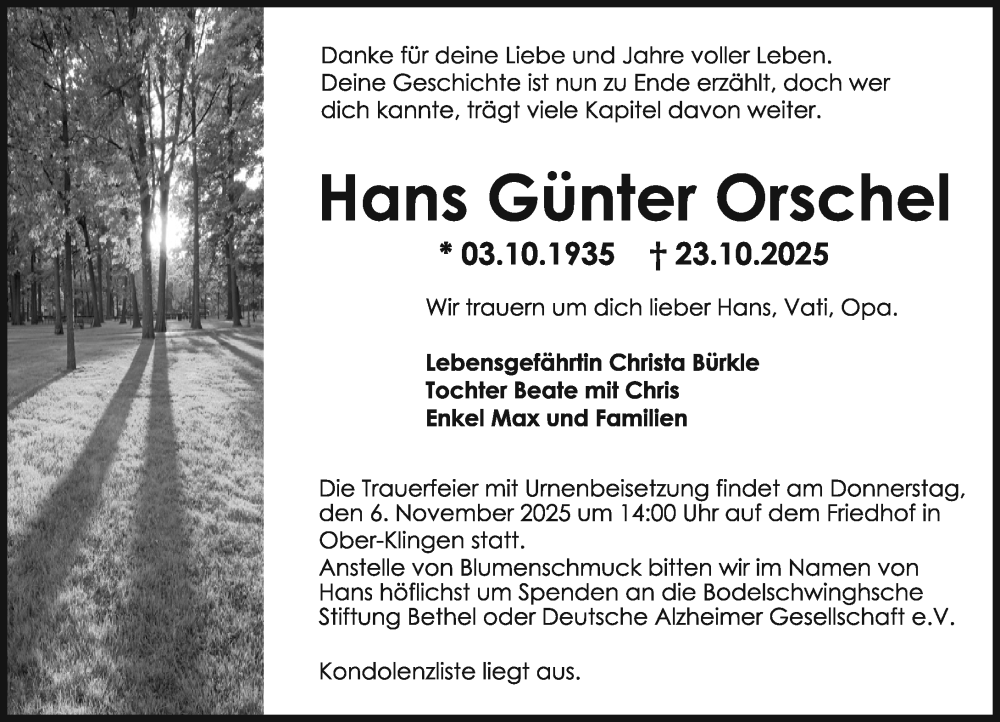  Traueranzeige für Hans Günter Orschel vom 01.11.2025 aus Darmstädter Echo