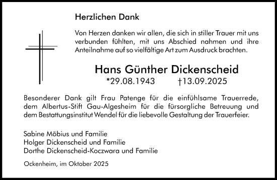 Traueranzeige von Hans Günther Dickenscheid von Allgemeine Zeitung Rheinhessen-Nahe