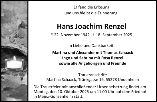 Traueranzeige von Hans Joachim Renzel von Allgemeine Zeitung Mainz