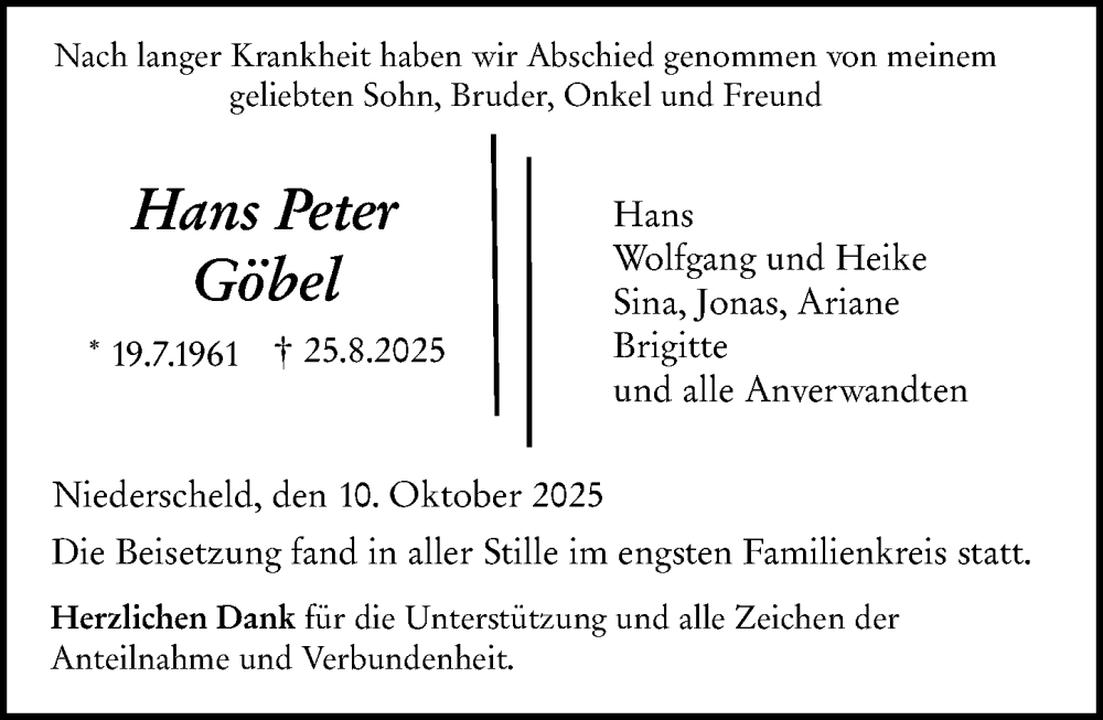  Traueranzeige für Hans Peter Göbel vom 10.10.2025 aus Dill Block