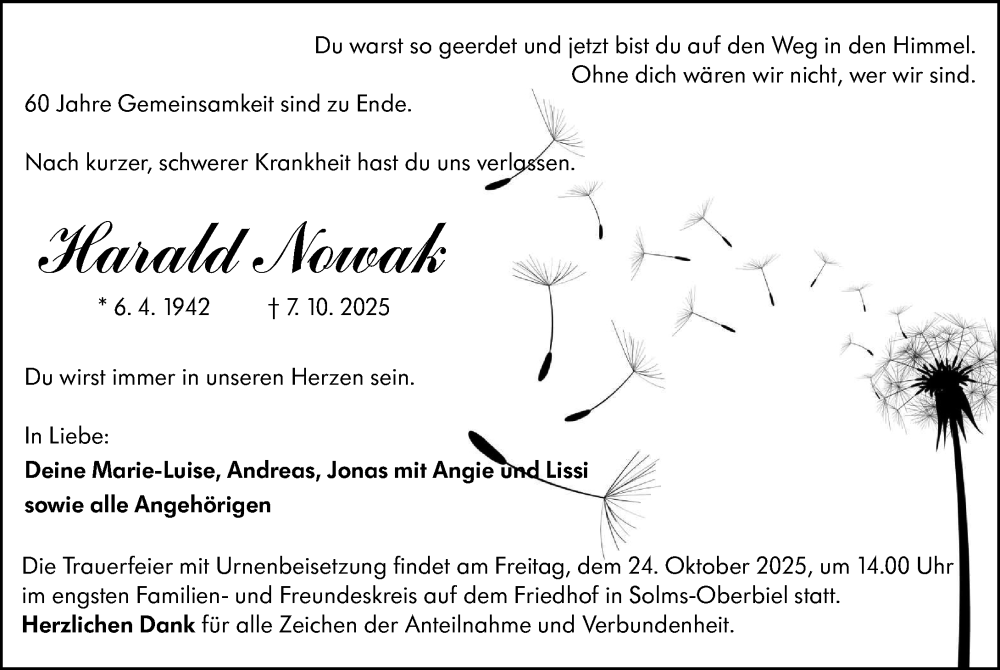  Traueranzeige für Harald Nowak vom 18.10.2025 aus Wetzlarer Neue Zeitung