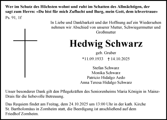 Traueranzeige von Hedwig Schwarz von Allgemeine Zeitung Mainz