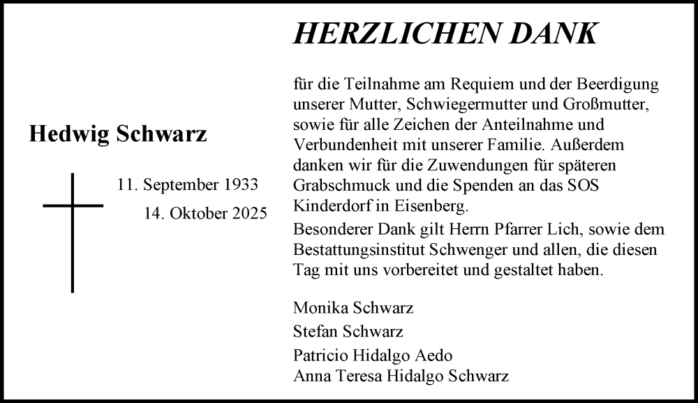  Traueranzeige für Hedwig Schwarz vom 31.10.2025 aus Allgemeine Zeitung Mainz