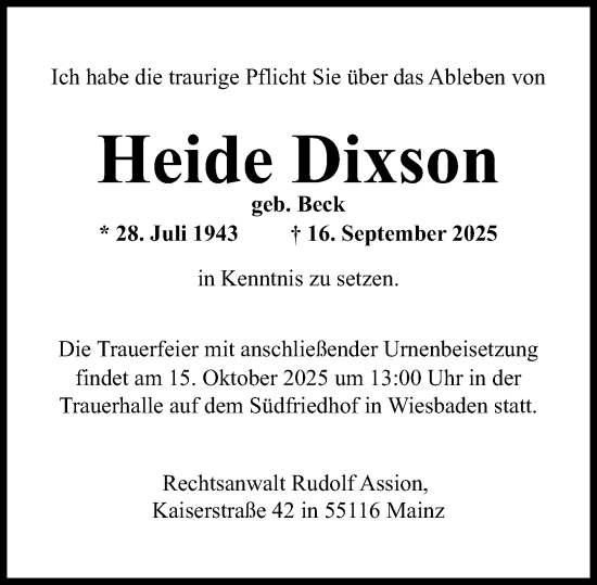 Traueranzeige von Heide Dixson von Wiesbadener Kurier