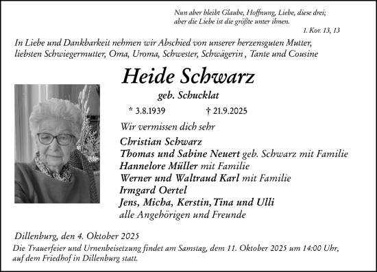 Traueranzeige von Heide Schwarz von Dill Block