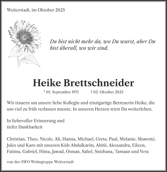 Traueranzeige von Heike Brettschneider von Darmstädter Echo