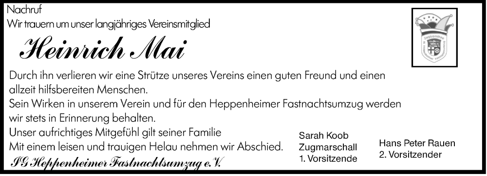  Traueranzeige für Heinrich Mai vom 04.10.2025 aus Starkenburger Echo