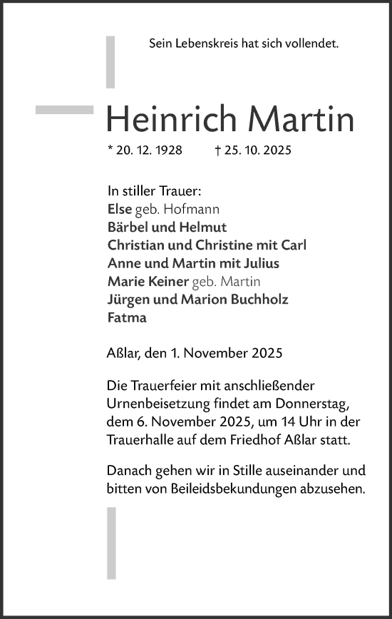 Traueranzeige von Heinrich Martin von Wetzlarer Neue Zeitung