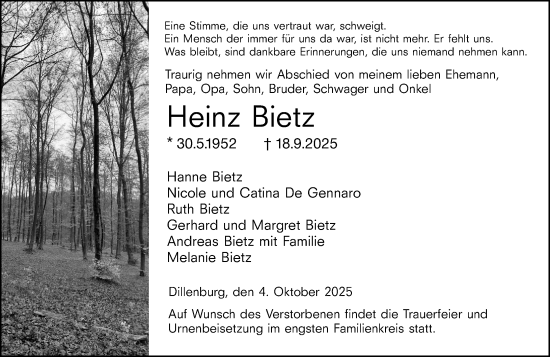 Traueranzeige von Heinz Bietz von Dill Block