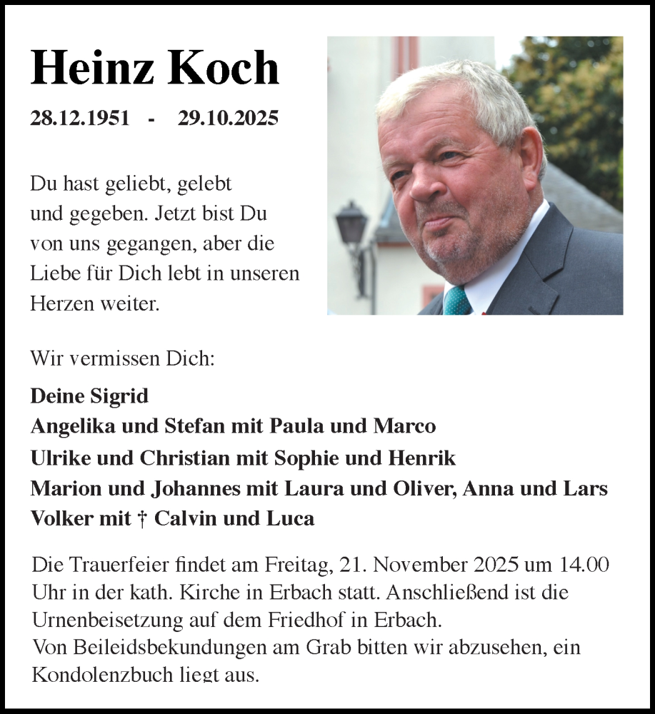  Traueranzeige für Heinz Koch vom 01.11.2025 aus Wiesbadener Kurier