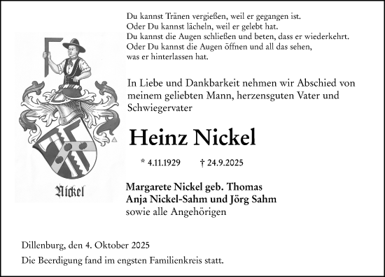 Traueranzeige von Heinz Nickel von Dill Block
