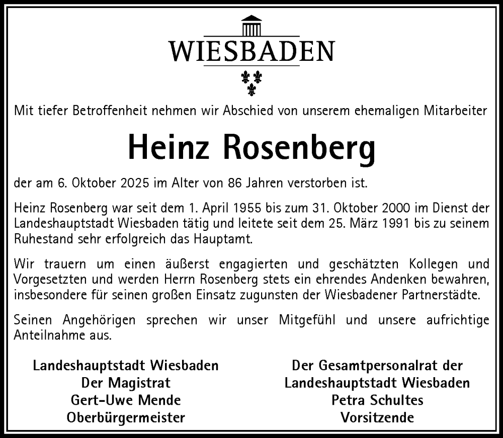  Traueranzeige für Heinz Rosenberg vom 18.10.2025 aus Wiesbadener Kurier